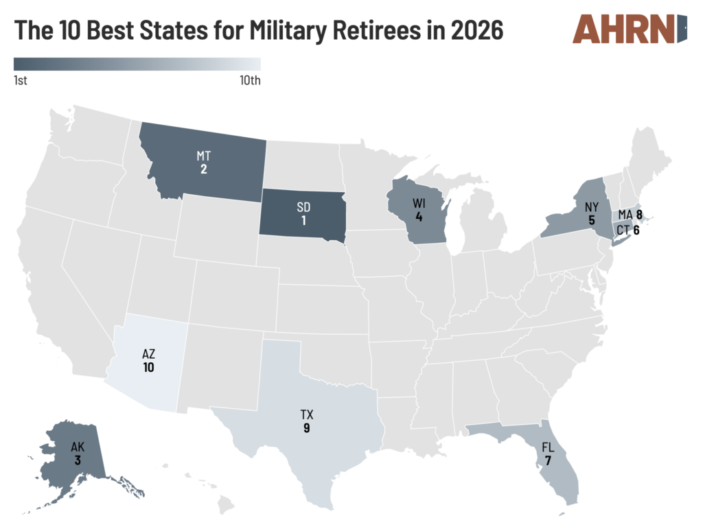 Map of the United States highlighting the 10 best states for military retirees in 2026, with South Dakota ranked first, followed by Montana, Alaska, Wisconsin, New York, Connecticut, Florida, Massachusetts, Texas, and Arizona.