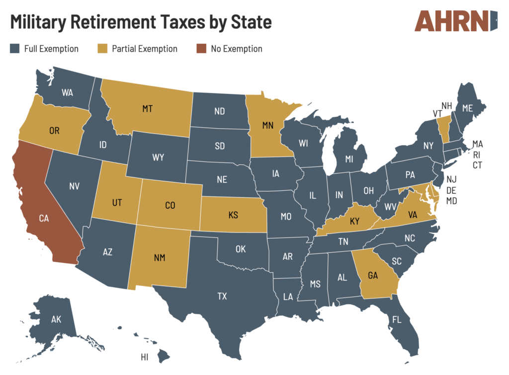 Map of the United States showing military retirement tax treatment by state, with states color-coded for full exemption, partial exemption, or no exemption.