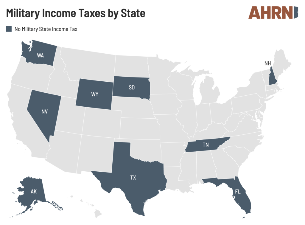 Map of the United States highlighting states with no military state income tax, including Alaska, Washington, Nevada, Wyoming, South Dakota, Texas, Tennessee, Florida, and New Hampshire.